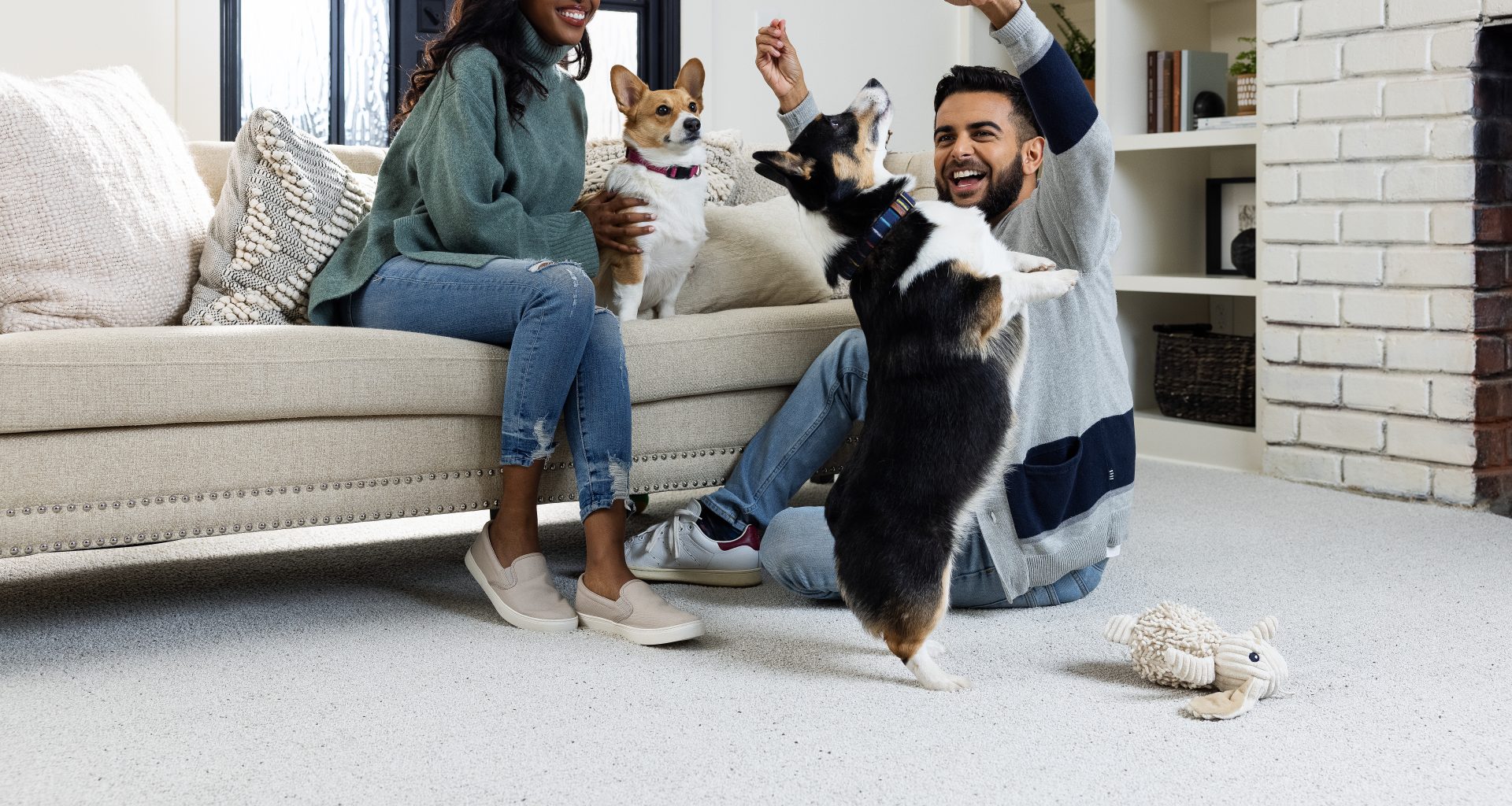 Family playing with dog on carpet