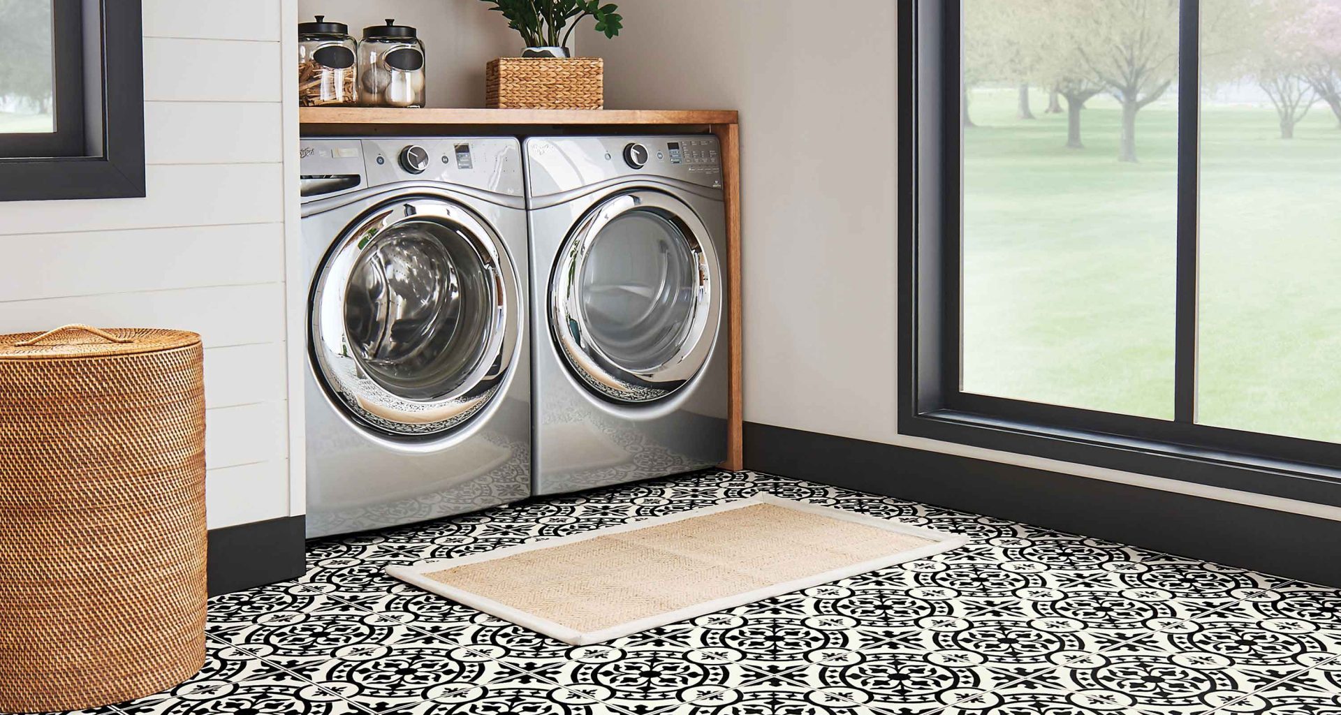Sheet vinyl flooring in a laundry room scene.